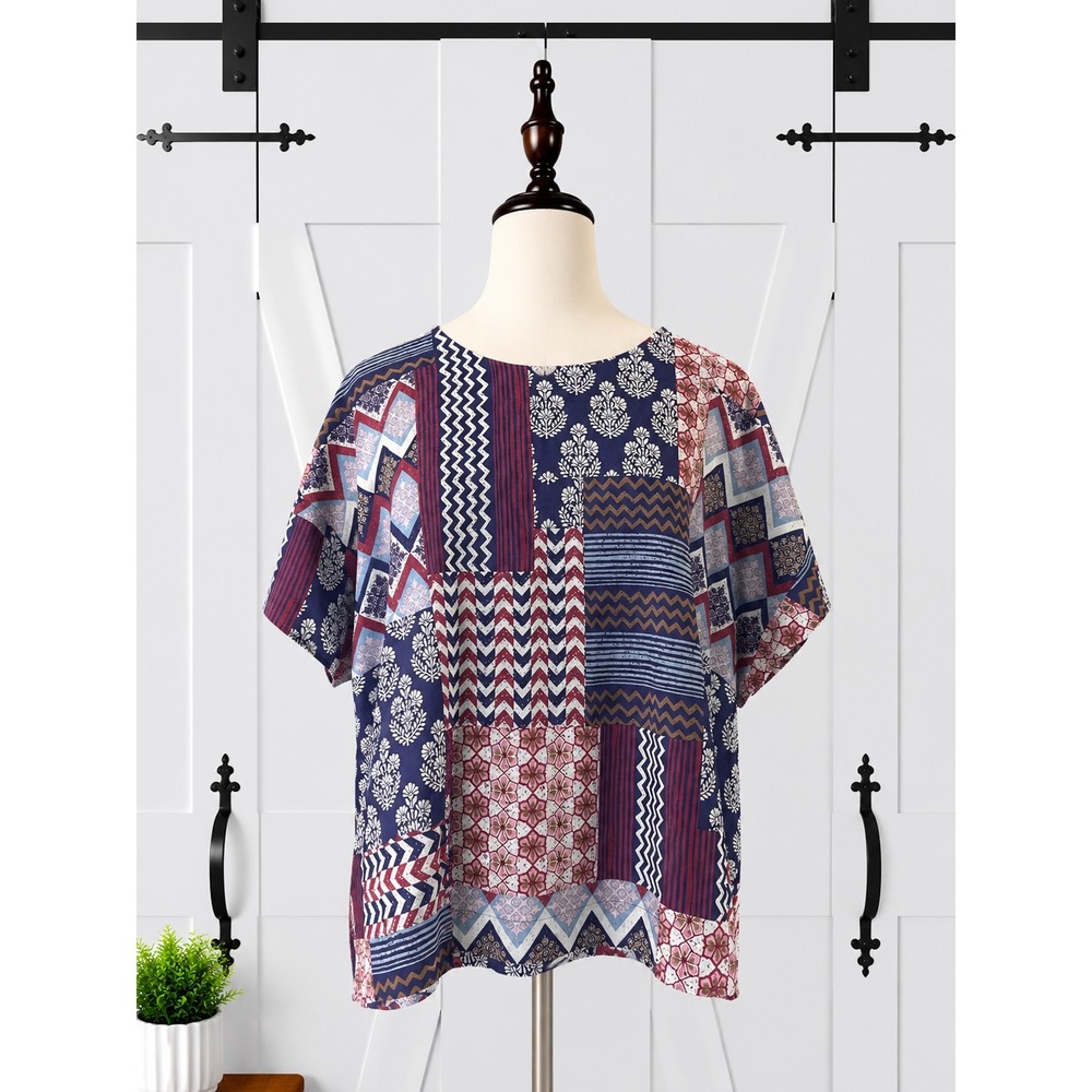 Pure Jill Organic‎ Cotton Patchwork Print Top Boxy Fit Size Medium Blue Deep Red